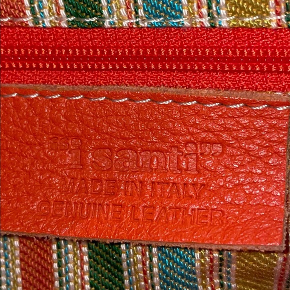 I Santi Large Pebbled Orange Leather Weekender Tote with brown handles & strap. - Picture 9 of 16